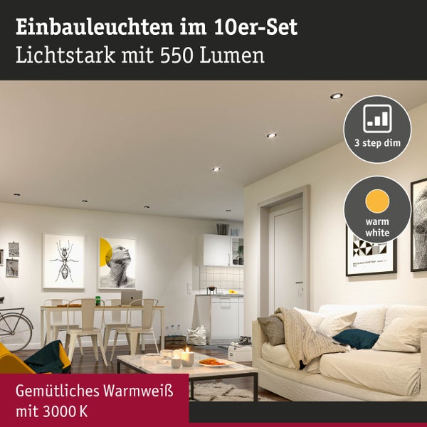 LED Einbauleuchte 3-Step-Dim 10er-Set schwenkbar rund 82mm 70° 10x4,8W 10x450lm 230V dimmbar 3000K Weiß