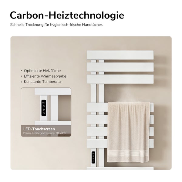 Elektrischer Handtuchheizkörper mit Carbon-Heiztechnologie und LED-Touchscreen für präzise Temperaturregelung von 30 bis 70 Grad Celsius.