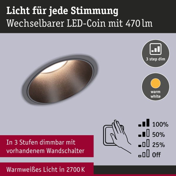 Deckeneinbaustrahler mit wechselbarem LED-Coin und 3-Stufen-Dimmfunktion