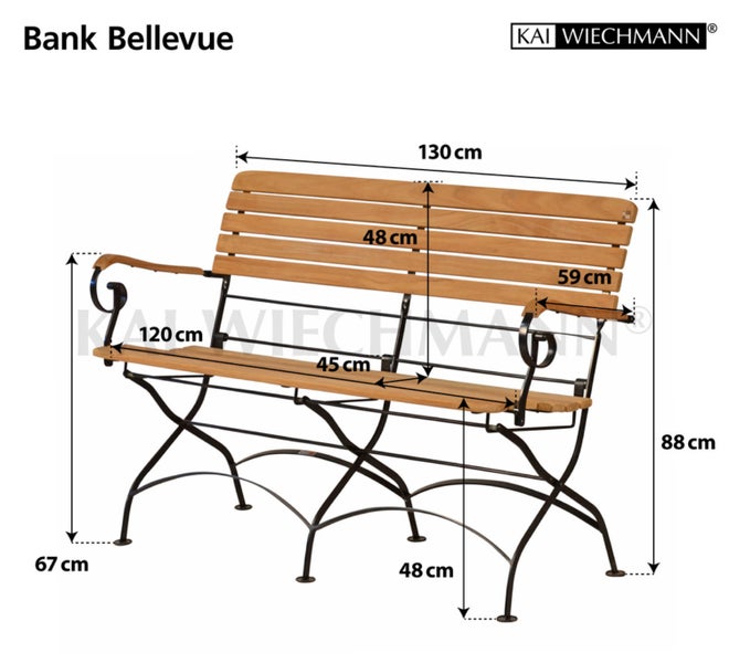 Skizze einer Gartenbank Bellevue mit Maßangaben und Kai Wiechmann Logo