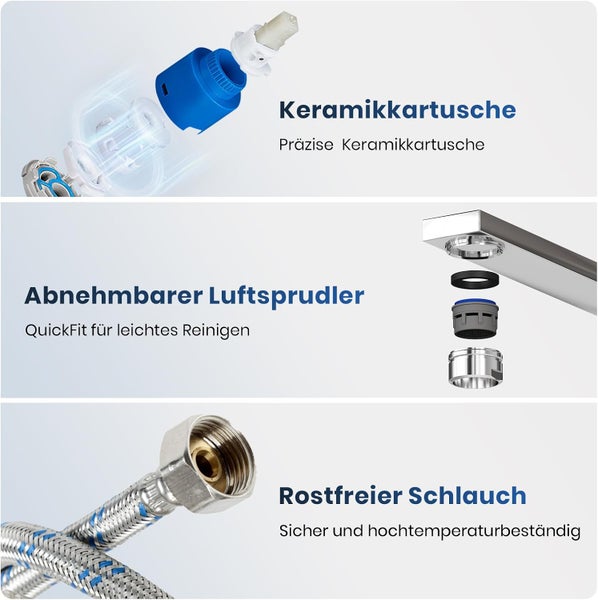 EMKE Küchenarmatur Chrom – Ultraflaches Design, 360° Schwenkbar, Edelstahl Einhebelmischer für Moderne Küchen, 30x22x10 cm, 3/8’’ Anschluss
