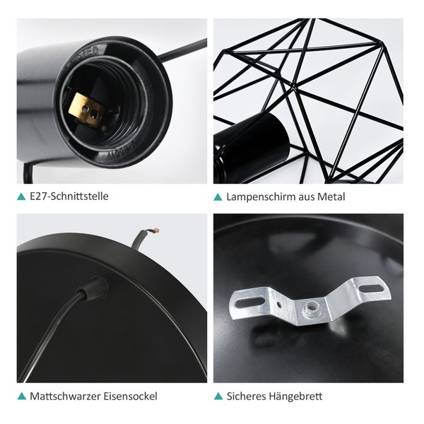 Detailansichten einer Pendelleuchte: E27-Schnittstelle, Lampenschirm aus Metall, mattschwarzer Eisensockel, sicheres Hängebrett.