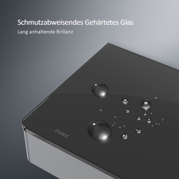 EMKE Duschsystem mit Thermostat Glasablage Handbrause 3 Strahlarten Regendusche, Wasserauslass Verbrühungsschutz Wandmontage KTW-Zertifizierung, Anthrazit Matt