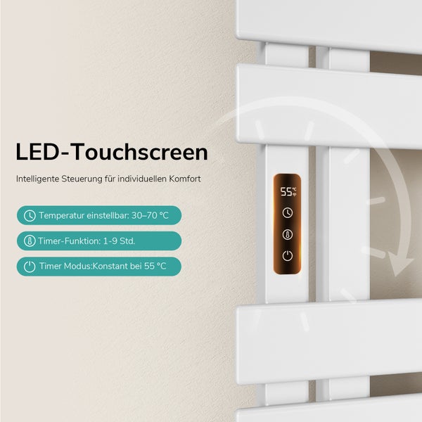 Elektrischer Handtuchheizkörper mit integriertem LED-Touchscreen zur Temperaturregelung von 30 bis 70 Grad Celsius und Timer-Funktion.