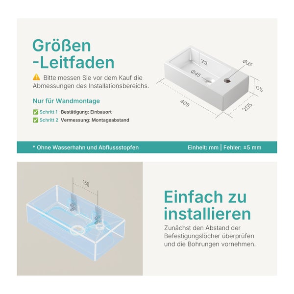 Größeninformationen und Montagehinweise für ein Waschbecken zur Wandmontage.