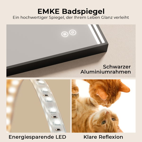 EMKE LED Badspiegel 50x50 cm, dekoratives Mond-Design, dimmbare Beleuchtung, Anti-Beschlag, schwarzer Rahmen, IP44, zur Wandmontage, für Badezimmer & Schlafzimmer