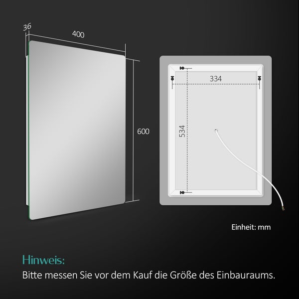 EMKE Badspiegel mit Beleuchtung 60 x 40 cm, Warmweiß/Kaltweiß, beschlagfrei, LED-Rückbeleuchtung, Kippschalter, IP44, für Bad