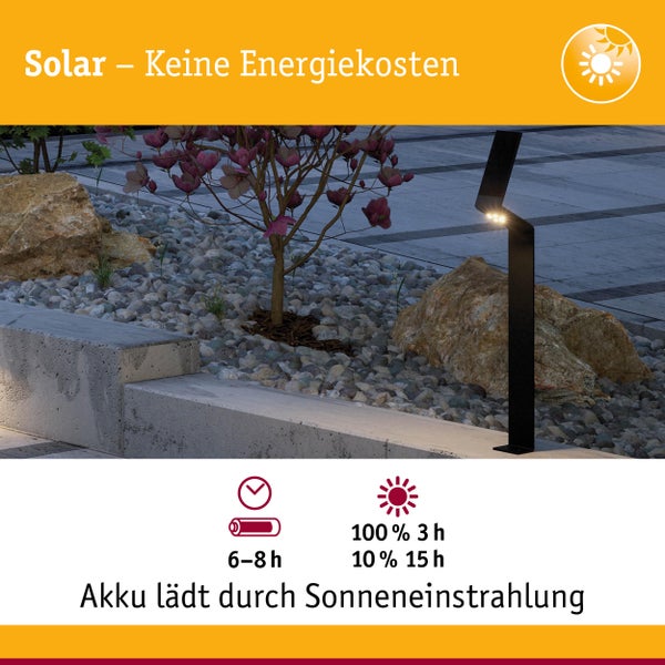 Garten mit Solarleuchte und Hinweisen zur Akkulaufzeit
