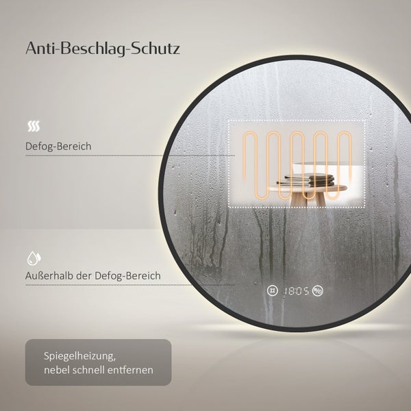 EMKE Badspiegel mit Beleuchtung ф70cm, runder LED-Spiegel mit Touchschalter und Uhr, Badspiegel mit schwarzen Rahmen, Neutralweiß