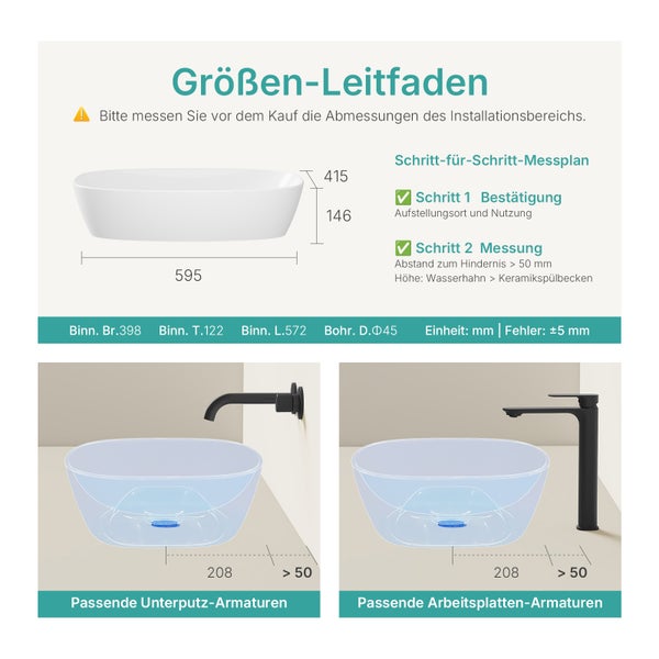 Größeninformationen für Waschbecken mit Montageanleitung und passenden Armaturen