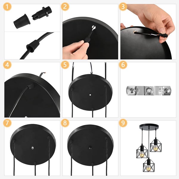 EMKE Pendellampe 3 flammige Kronleuchter Vintage Pendellampe Retro Hängelampe Deckenleuchter, Schwarz Lampenschirm für E27, Wohnzimmer Cafe (1 Set)