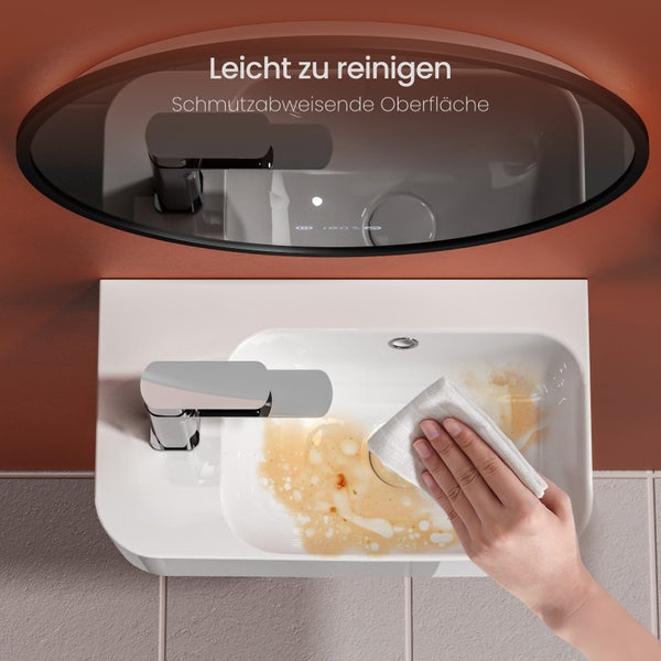 EMKE Hängewaschbecken 450 x 265 mm, Eckiges Keramik Waschbecken, mit Hahnloch links, glänzend Weiß, Höhe 156 mm, pflegeleicht, für Badezimmer