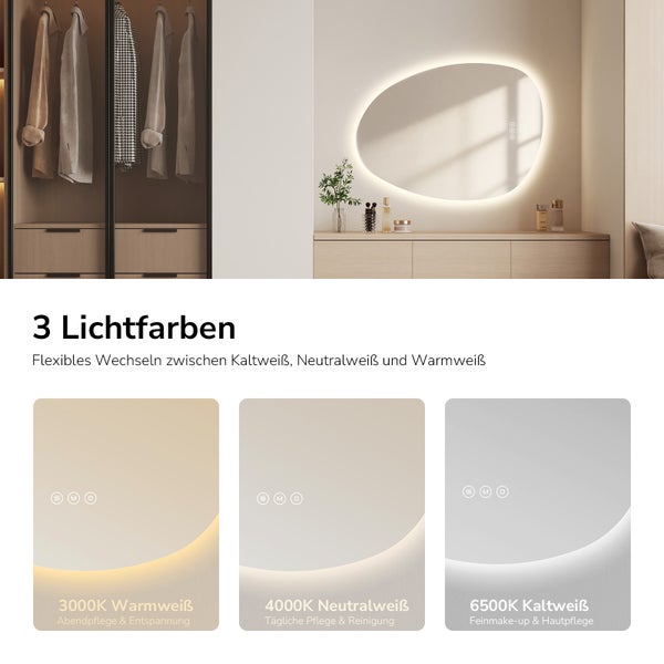 LED-Spiegel in organischer Form mit drei Lichtfarben: Warmweiß 3000 Kelvin, Neutralweiß 4000 Kelvin und Kaltweiß 6500 Kelvin.