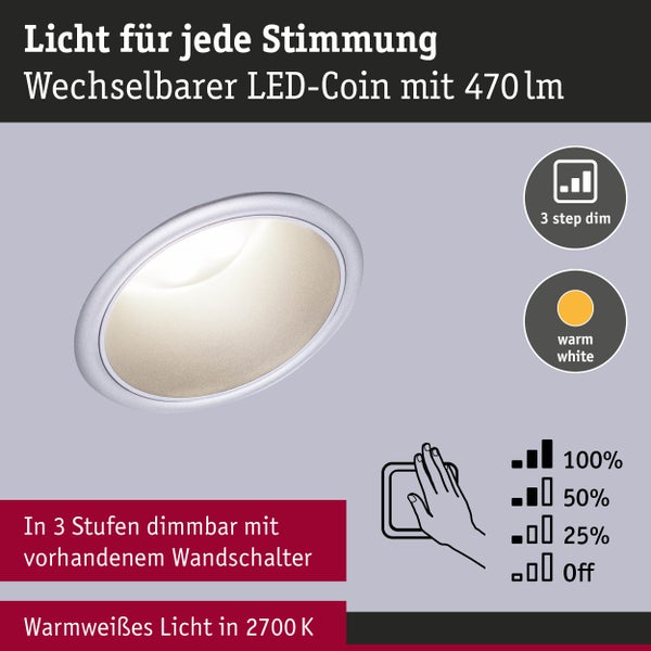 Set LED Einbauleuchte Cole IP44 88mm 2700K 3x6W 3x470lm 230V Silber matt Kunststoff, Alu Zink