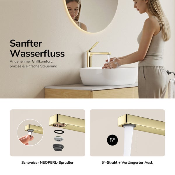 Goldene Waschtischarmatur in einem modernen Badezimmer mit Neoperl-Luftsprudler und 5-Grad-Strahl
