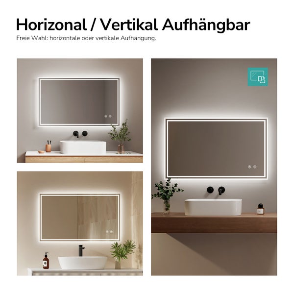 Beleuchteter Badezimmerspiegel mit LED Beleuchtung, horizontal oder vertikal montierbar, ideal für ein modernes Badezimmer.