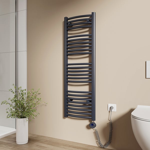 EMKE Elektrischer Badheizkörper 120x40 cm, Gebogener Handtuchwärmer mit Heizstab & Thermostat, 500W, Anthrazit, für Badezimmer
