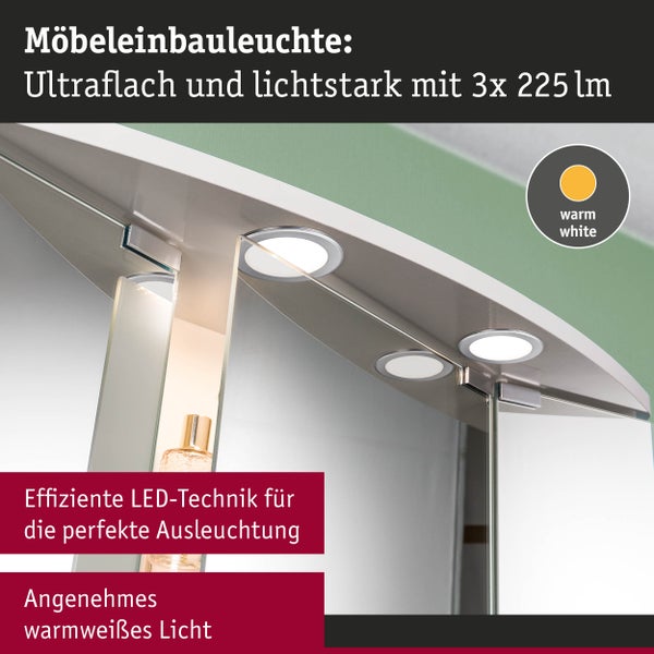 LED Möbeleinbauleuchten 3er-Set rund 65mm 3x2,5W 3x180lm 230/12V 3000K Eisen gebürstet