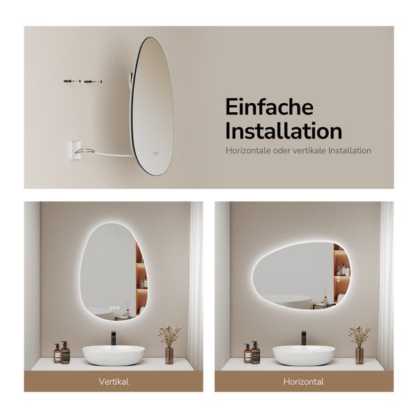 LED-Spiegel mit stufenloser Dimmfunktion von 10 bis 100 Prozent, Speicherfunktion und Touch-Bedienung.