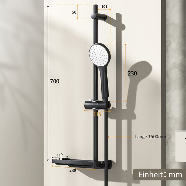 EMKE Duschsäule mit Handbrause, Seifenschale und 1,5 m Brauseschlauch, Duschset in Schwarz, verchromt, Ø19 mm Duschstange aus Edelstahl, KTW