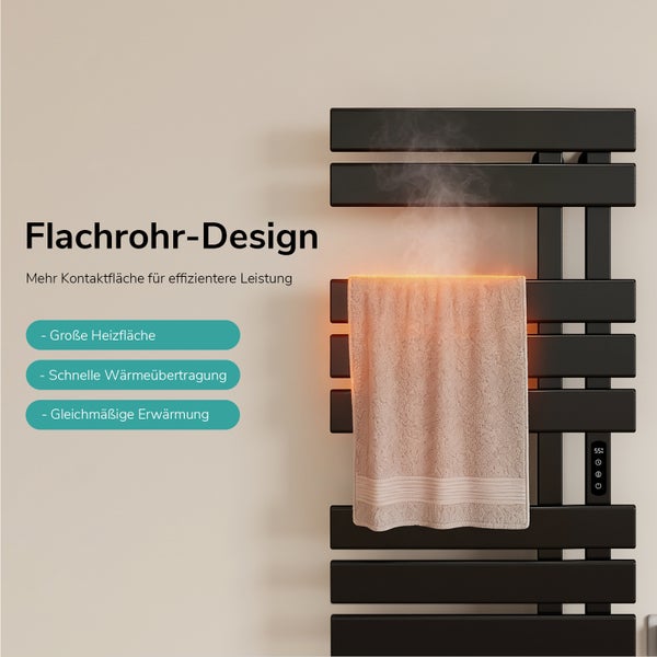 Schwarzer Handtuchheizkörper mit Flachrohr-Design, großer Heizfläche, schneller Wärmeübertragung und gleichmäßiger Erwärmung.