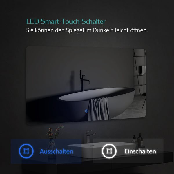 EMKE Badspiegel mit Beleuchtung 100 x 60 cm, Kaltweiß, Rückbeleuchtung, dimmbare Helligkeit, Touch-Schalter, horizontal/vertikal montierbar, IP44, für Bad