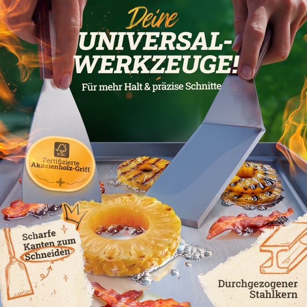 LIKAYA Plancha Edelstahl Grillplatte [40x40cm] – Verzugsfreier 4mm Edelstahl inkl 2x Grillspachtel mit FSC-Akazienholzgriff – Perfekt für Smash Burger, Gemüse & mehr!