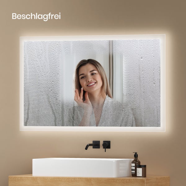 EMKE LED Badspiegel 100×60 cm, Warmweiß/Kaltweiß, seitlicher Kippschalter, beschlagfrei, IP44, mit mattiertem Rand, für Badezimmer