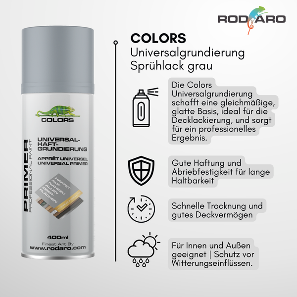 Colors Universalgrundierung Sprühlack 400 Milliliter für professionelle Ergebnisse auf verschiedenen Oberflächen im Innen- und Außenbereich.