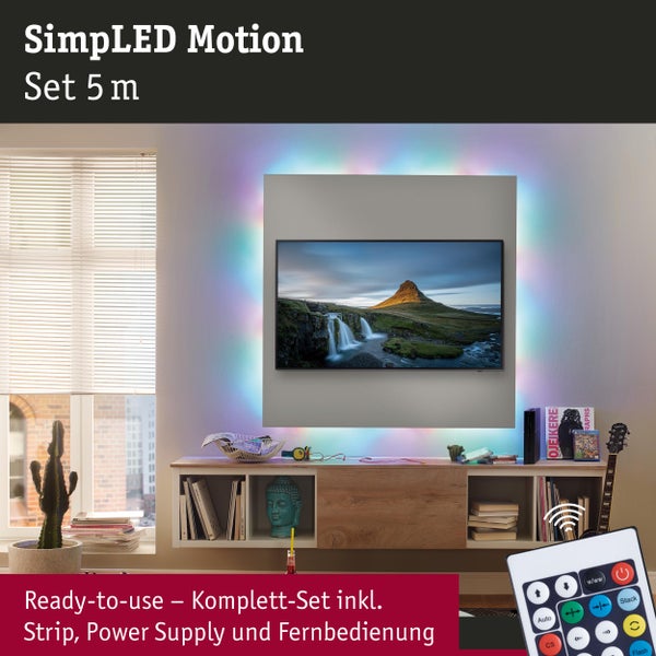 SimpLED Motion Set 5 m zur indirekten Beleuchtung im Wohnzimmer mit Fernseher, Regal und Zimmerpflanze