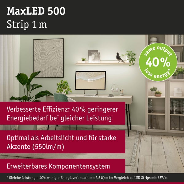 MaxLED 500 Strip 1 m im Arbeitszimmer mit Schreibtisch, Zimmerpflanzen und Bücherregal