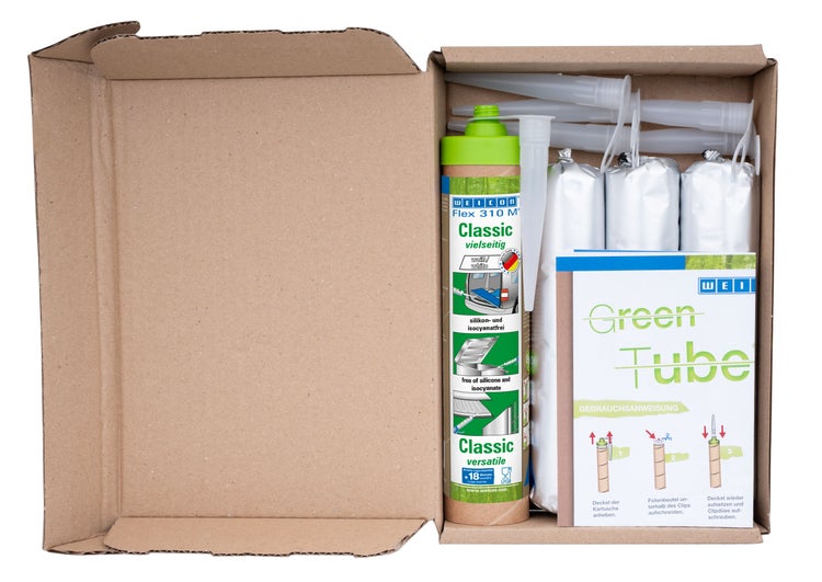 Geöffnete Verpackung mit Weicon Flex 310 M Dichtstoff, Kartuschen und Zubehör