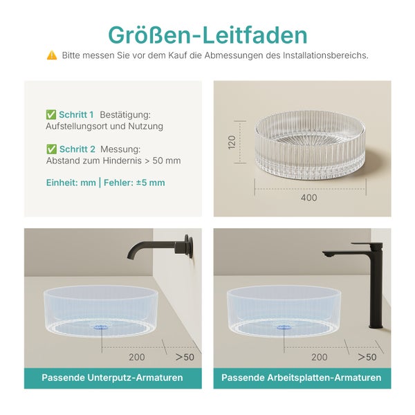 Größenleitfaden für Waschbecken mit Maßangaben und Montagehinweisen