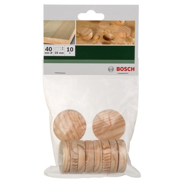 Bosch Holzstopfen mit 40 Millimeter Durchmesser, 10 Millimeter Stärke, 10 Stück im Set, zur Reparatur von Astlöchern.