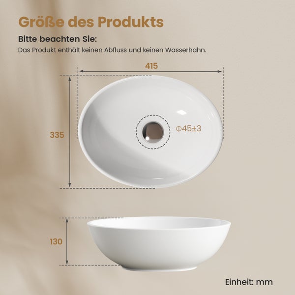 EMKE Aufsatzwaschbecken Ovales 415 x 335 mm, Keramik Waschbecken Weiß Glänzend, Höhe 130 mm, leicht zu reinigen, Waschschale für Bad und Gäste-WC