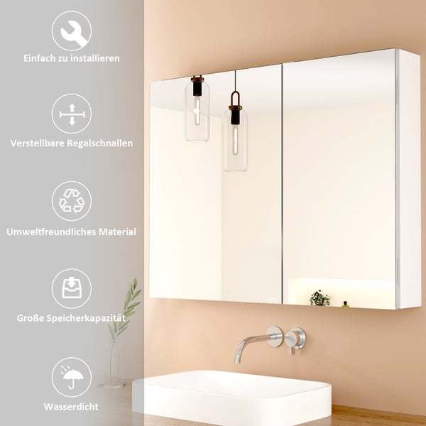 EMKE Spiegelschrank 85L x 65H x 14,5T cm, Badezimmerschrank Weiß, 2-türig mit 3 mm kupferfreiem & rostfreiem Spiegelglas, 3 Ablagen, 105° Türöffnung, 304 Dämpfscharniere, großer Stauraum