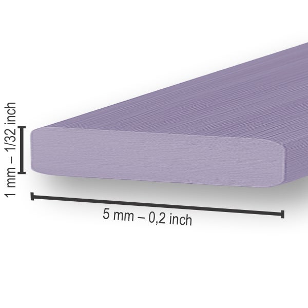 Detailaufnahme einer flachen Leiste mit Maßangaben von 1 Millimeter Dicke und 5 Millimeter Breite.