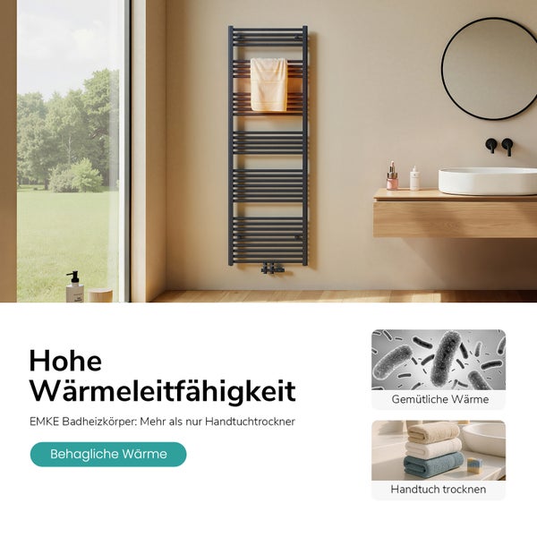 Moderner Badheizkörper von EMKE für Handtücher in einem hellen Badezimmer mit Waschtisch und Spiegel. Hochwertiges Design für effiziente Wärme.