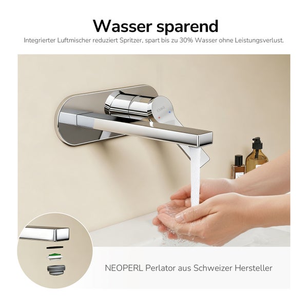 Wandmontierte Armatur mit Perlator im Badezimmer mit Händen unter fließendem Wasser