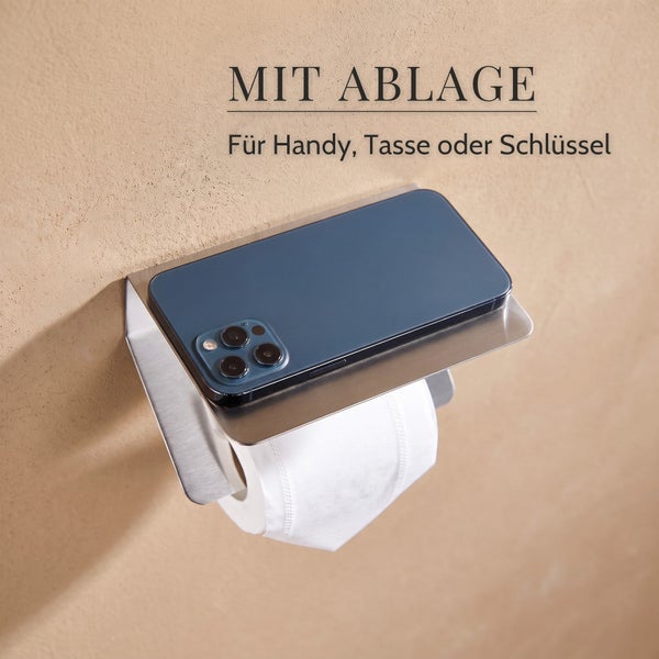 Toilettenpapierhalter aus Metall mit Ablagefläche für Mobiltelefon und Kleinartikel zur Wandmontage