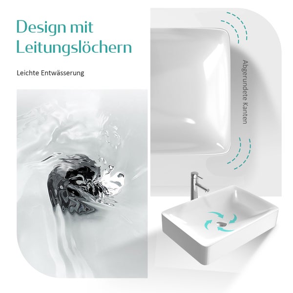 MKE Aufsatzwaschbecken Keramik 595 × 395 mm, Rechteckig, glänzend Weiß, ohne Hahnloch, leicht zu reinigen, Höhe 120 mm, Waschtisch-Waschbecken für Badezimmer
