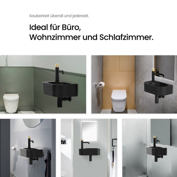 Kompaktes, schwarzes Aufsatzwaschbecken mit Armatur in verschiedenen Badezimmerumgebungen