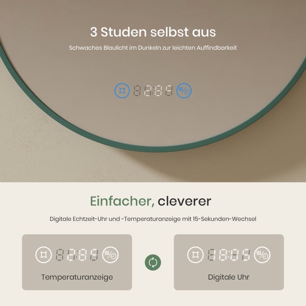 EMKE Badezimmerspiegel mit Beleuchtung Ø 60 cm, 4300K Neutralweiß, mit Touchschalter, LED-Uhr- und Temperaturanzeige,  Anti-Beschlag, elegantem grünem Rahmen, Wandspiegel für das Badezimmer