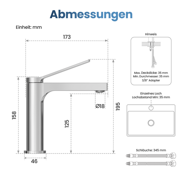 EMKE Einhebel-Waschtischarmatur, Badarmaturen, Schweizer Design, G3/8， Wassersparend, Bleifreies Messing, Korrosionsschutz, Pflegeleicht, Chrom