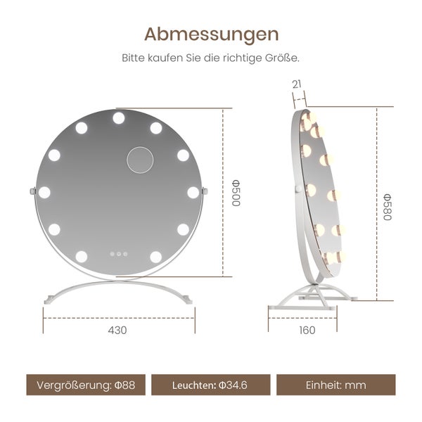 Abmessungen eines runden Kosmetikspiegels mit Beleuchtung