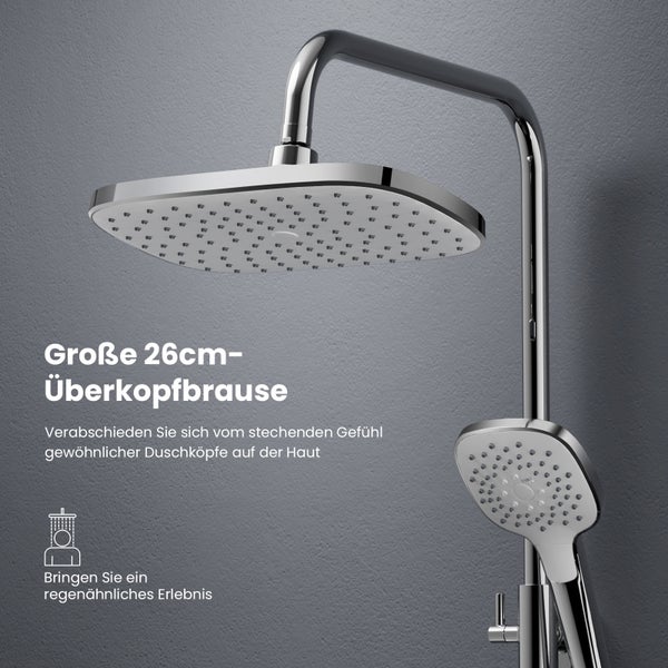 EMKE Duschsystem mit Thermostat, 2 Auslassarten, Regendusche und Handbrause mit 3 Strahlarten, Chrom, 30 cm Armatur, 1,5 m Schlauch, KTW, Höhe: 120 cm
