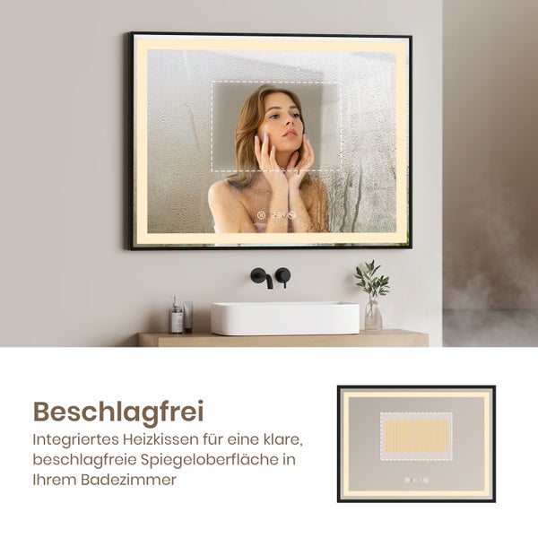 EMKE LED Badspiegel mit Beleuchtung 800×600 mm, Mattierter Spiegelrand, 4300K Neutrallicht, Antibeschlag & Uhr, Schwarzer Rahmen, für Badezimmer geeignet