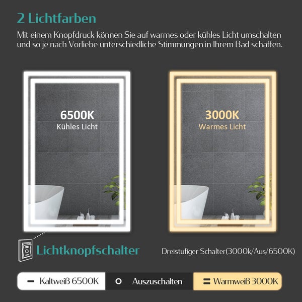 EMKE Badspiegel mit Beleuchtung 60 x 50 cm, Warmweiß/Kaltweiß, seitlicher Kippschalter, beschlagfrei, Aluminiumrahmen, IP44, für Badezimmer