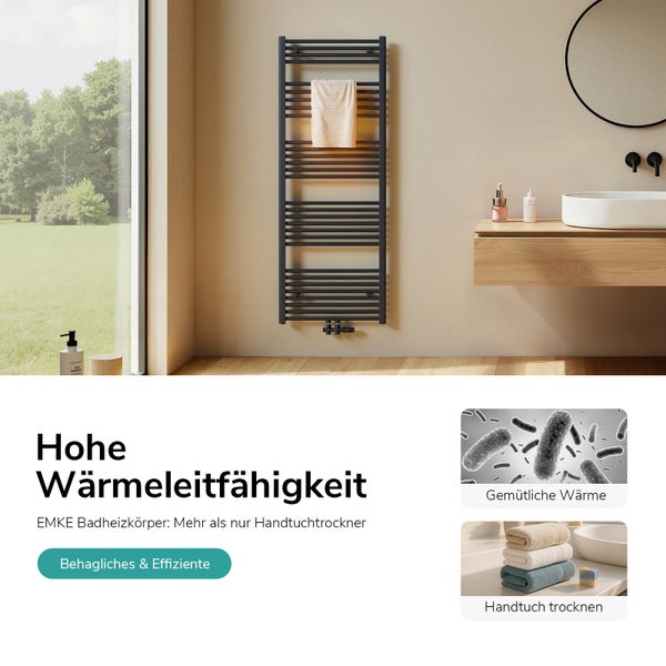 Modernes Badezimmer mit Handtuchheizkörper und Handtuch
