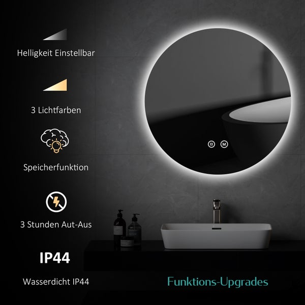 EMKE Badspiegel mit Beleuchtung ф70cm, LED-Spiegel mit Touchschalter, rund, Anti-Beschlag, Kaltweiß